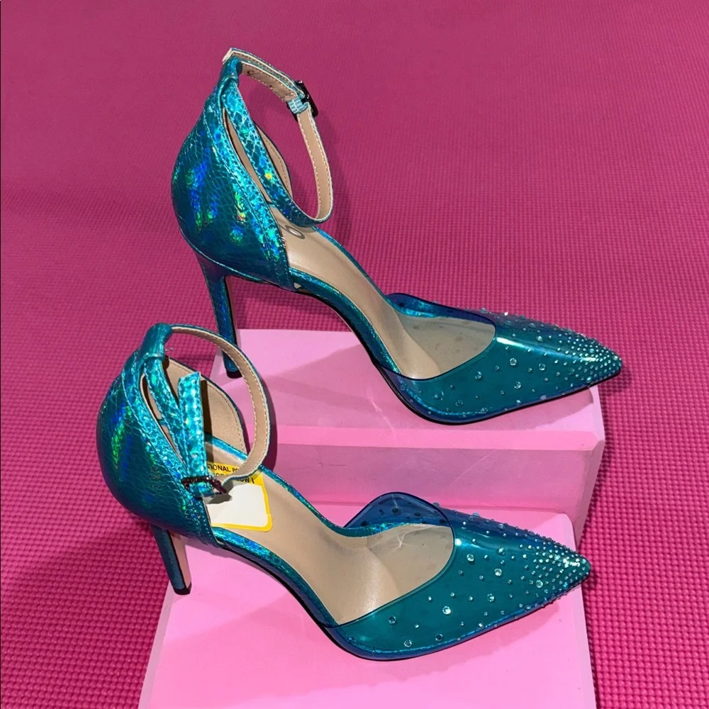 Mix No. 6 Teal Crystal-Embellished Pointed-Toe Ankle-Strap Heels (never worn) - Picture 3 of 6